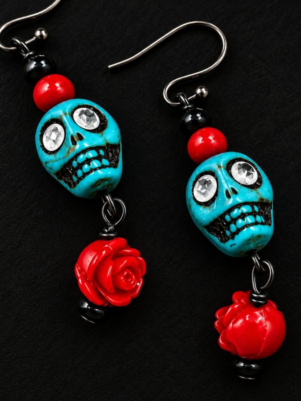 Handmade Turquoise color Skull & Red Rose Earrings | Frida Folk Art Dangles